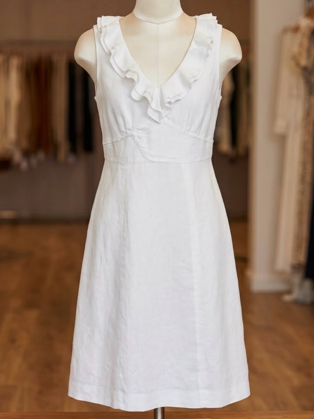 Boden White Ruffle V-Neck Linen Dress size 4R